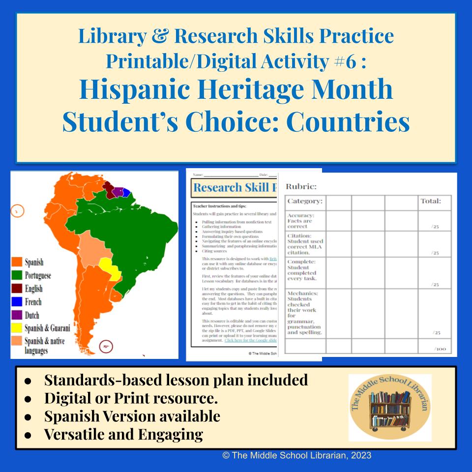 Middle School Library & Research Skills Practice Set with Inquiry & Databases #6 Countries of the World