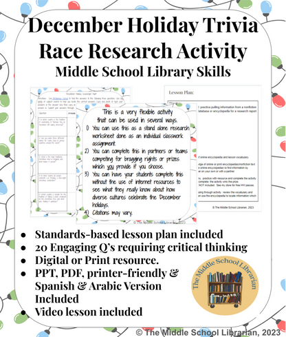 December Holidays Trivia Race Video Lesson and Worksheets