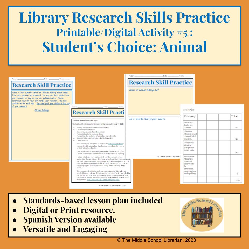 Student's Choice of Animal: Middle School Library & Research Skills Practice Set with Inquiry & Databases #5