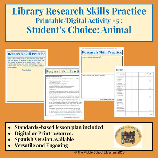 Student's Choice of Animal: Middle School Library & Research Skills Practice Set with Inquiry & Databases #5