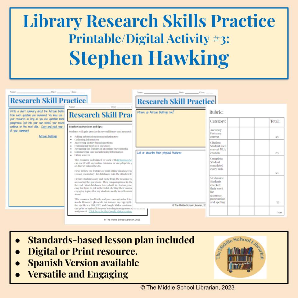 Middle School Library & Research Skills Practice Set with Inquiry & Databases #3: Stephen Hawking