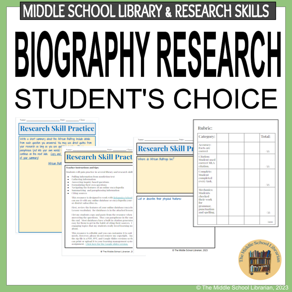 Biography Research: Middle School Library & Research Skills Practice Set with Inquiry & Databases #4